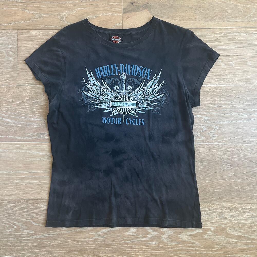 Harley Davidson Honolulu Hawaii Black Washed Crystal Embellished Tee
